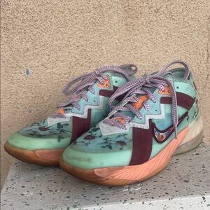 Nike Mint Green, Coral & Maroon Floral LeBron Basketball Shoes